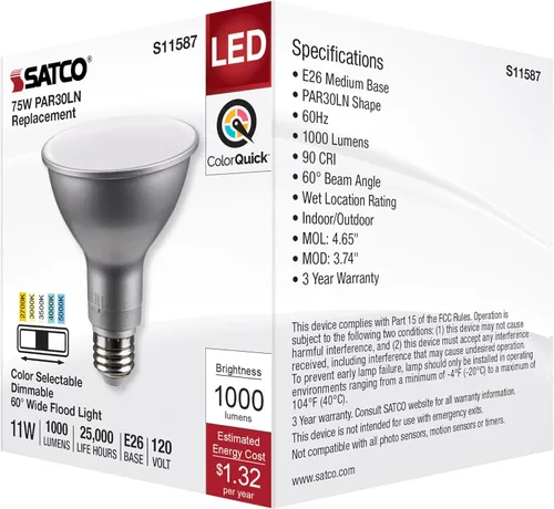 Miniatura 7 de Satco S11587 PAR30LN LED de 11 vatios con base media, acabado plateado, CCT seleccionable, ángulo de haz de 120 voltios y 60 grados (6 bombillas LED)