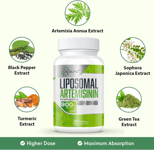 Miniatura 6 de 900 mg de artemisinina liposomal para máxima absorción, extracto de ajenjo dulce (Artemisia Annua) con fitosoma de quercetina 200 mg, 60 cápsulas
