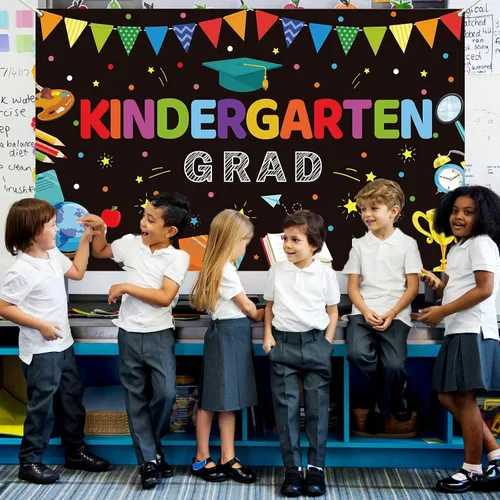 Miniatura 5 de Decoraciones de fiesta de graduación de jardín de infantes, telón de fondo de graduación preescolar para niños, suministros de ceremonia de Negro