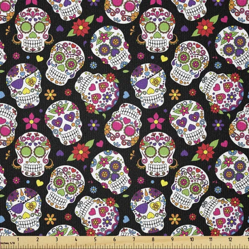 Miniatura 74 de Ambesonne The Yard, tela de calavera colorida con temática de Halloween, diseño de calavera y huesos cruzados, divertido estampado de dibujos