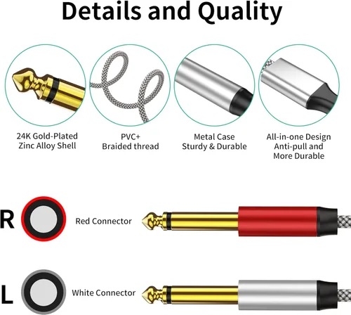 Miniatura 5 de Cable de inserción de 3 pies – Divisor en Y dual de 1/4 mono a estéreo compatible con amplificadores, mezcladores, guitarras, altavoces y más