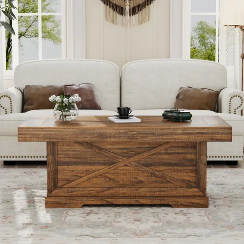 Miniatura 9 de Mesa de café Lareth 39 pulg. Mesa de centro rústica con pedestal de madera en X para sala de estar, ahorro de espacio, mesa de té de diseño