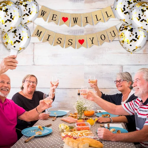 Miniatura 5 de Gejoy Kit de suministros de decoración de fiesta de despedida, 14 piezas con texto en inglés "We Will Miss You", pancarta de arpillera con purpurina