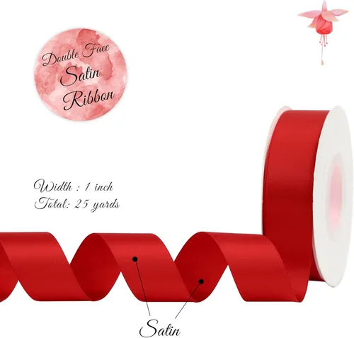 Miniatura 2 de Cinta de satén roja de doble cara, 1 pulgada x 25 yardas, rollo individual para envolver regalos, lazos, manualidades y decoración de bodas Rojo