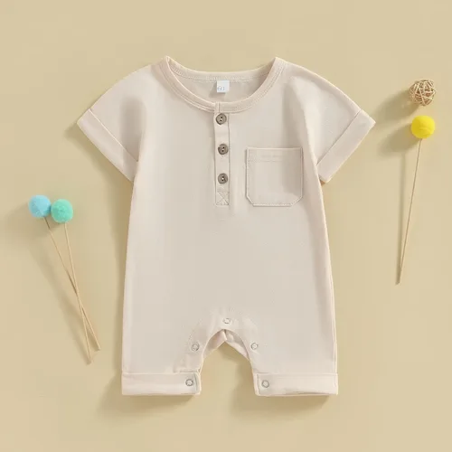 Miniatura 61 de Mameluco unisex de manga corta para bebé recién nacido, con botones, de una pieza, ropa de color sólido