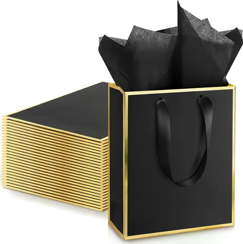 Yeaqee Paquete de 24 bolsas de regalo de papel metálico con asa y tejido de 9 x 7 x 3.1 pulgadas, papel de aluminio dorado, bolsas de agradecimiento