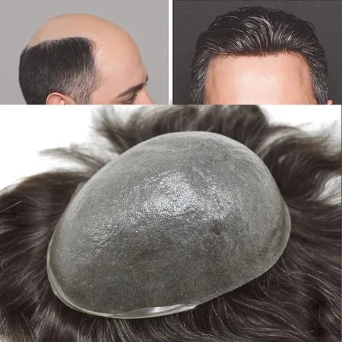 Miniatura 18 de Cabello humano para hombres, tupé, piezas de cabello humano europeo, todas las piezas de cabello en V para manualidades, 0.002 in, piel fina