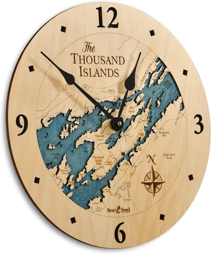 Miniatura 6 de Sea & Soul Thousand Islands - Reloj de pared de 12 pulgadas, hecho a mano en los Estados Unidos, reloj topográfico de mapa de agua, reloj de pared