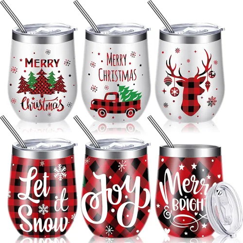 Miniatura 9 de Ziliny 6 Piezas Vasos de Vino de Navidad 12 oz Vasos de Vino Aislados de Acero Inoxidable de Navidad con Tapa y Pajita Divertidas Tazas de Café