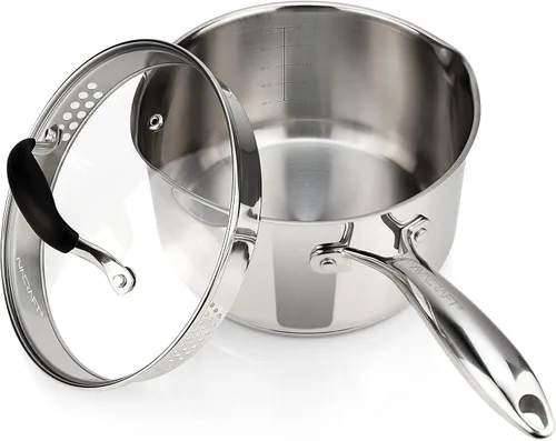 AVACRAFT Cacerola de acero inoxidable con tapa coladora de vidrio, dos picos laterales para verter fácilmente con mango ergonómico, olla multiusos