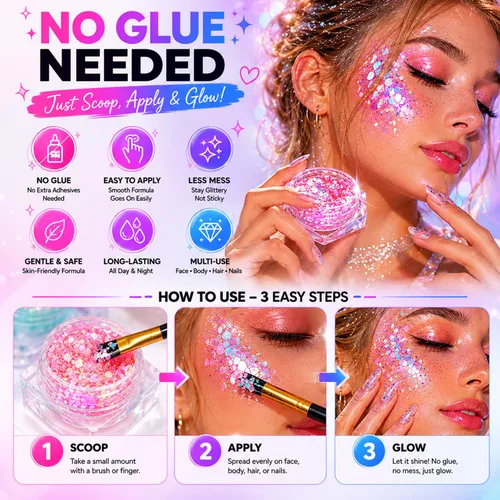 Miniatura 5 de 12 colores de gel con purpurina que brilla en la oscuridad, reactiva a la luz negra UV, para rostro y cuerpo, no necesita pegamento, grado cosmético