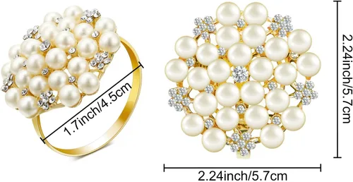 Miniatura 3 de Hotop 12 servilleteros dorados, perlas y flores, con diamantes de imitación, soportes redondos brillantes para bodas, fiestas, cenas, banquetes