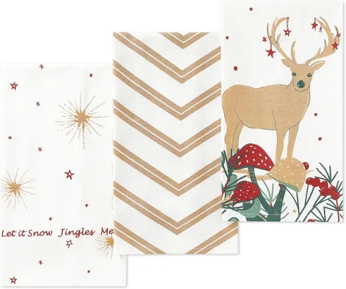 Folkulture Juego de 3 paños de cocina de Navidad con lazo para colgar, 100% algodón para decoración navideña, estilo granja, 20 x 26 pulgadas (beige