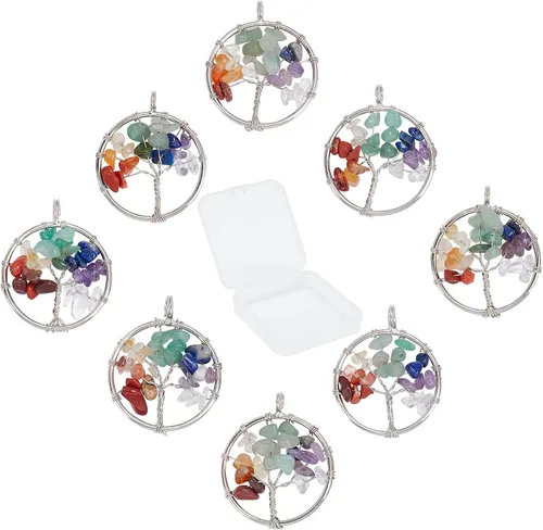 Miniatura 6 de SUNNYCLUE 8 dijes de árbol de la vida, piedras preciosas de cristal de cuarzo, planas, redondas, con agujero para joyería y pulsera, chakras, collar
