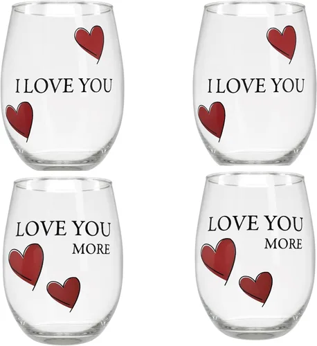 Miniatura 11 de BANBERRY DESIGNS Lover's - Juego de 2 copas de vino sin tallo "Love You More" con corazones decorativos, copas de vino románticas para él