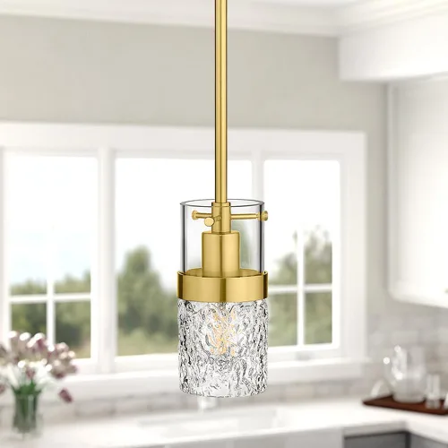 Miniatura 3 de LMS Paquete de 2 Luces Colgantes Modernas, Luz Colgante Dorada Cepillada para Isla de Cocina con Vidrio Martillado, Lámparas Colgantes Ajustables