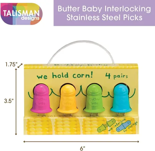 Miniatura 2 de Talisman Designs Butter Baby Púas de acero inoxidable entrelazadas Multicolor Maíz en la mazorca, utensilios Soportes para maíz Brochetas