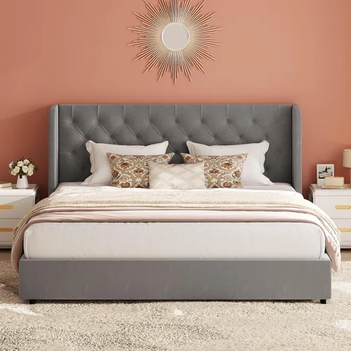 Miniatura 7 de HOMBCK - Marco de cama tamaño completo, base de cama tapizada en plataforma gris con cabecero, terciopelo acolchado, diseño de ala curvada, listones