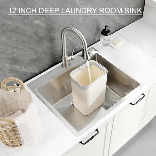Miniatura 4 de Fregadero de lavandería de acero inoxidable de 25 x 22 pulgadas con grifo, calibre 16, 12 pulgadas, extra profundo, lavabo de lavandería con Níquel