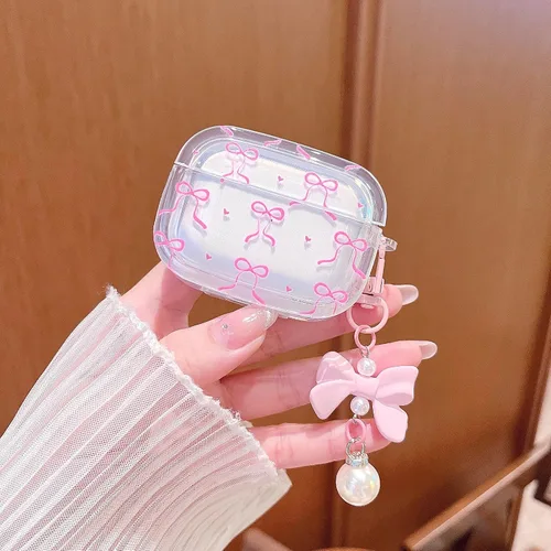 Miniatura 3 de MINSCOSE Funda para AirPods Pro de 2ª/1ª generación, diseño de corazón con lazo de cinta femenina con bonito llavero de perla, funda protectora