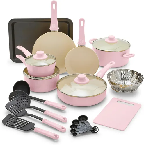 GreenLife Soft Grip - Juego de utensilios de cocina antiadherentes de cerámica saludable de 18 piezas, ollas y sartenes de freír y saltear, sin PFAS