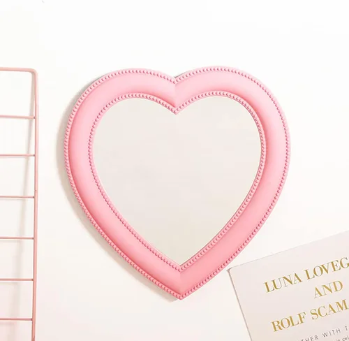Miniatura 3 de Mokoze Espejo en forma de corazón para escritorio o pared, espejo de tocador rosa claro de 11 x 10.6 pulgadas con soporte y agujero para colgar