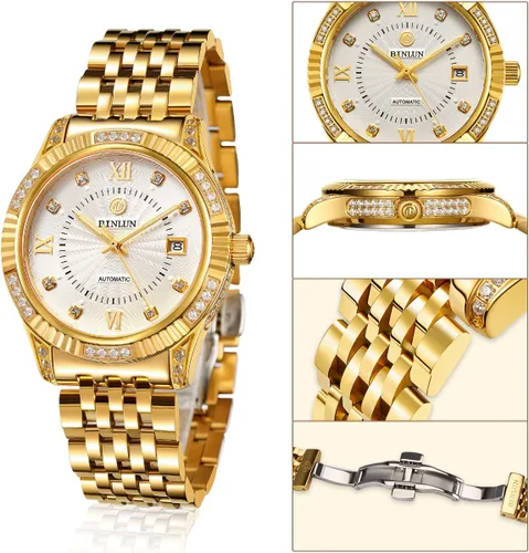 Miniatura 29 de BINLUN Reloj de pulsera para hombre, mecánico automático, reloj dorado con cuerda automática, elegante, chapado en oro de 18 quilates, relojes