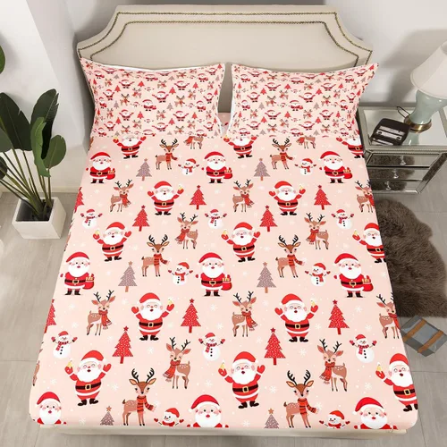 Miniatura 10 de Juego de sábanas con diseño de Papá Noel y muñeco de nieve para niños, niñas y niños, de temática navideña, juego de cama con diseño de árbol