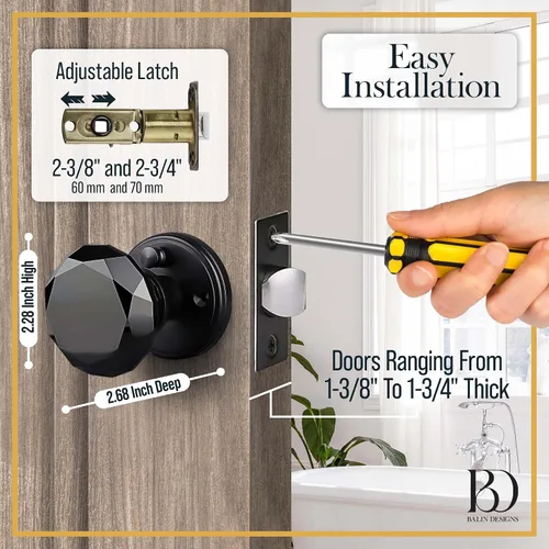 Miniatura 8 de Balin Designs - Perilla de puerta de cristal negro con cerradura, juego de perillas de puerta de vidrio para privacidad interior, manija decorativa
