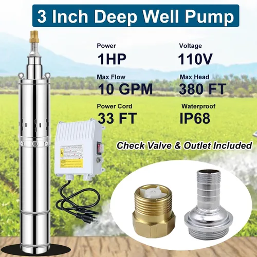 Miniatura 2 de Bomba sumergible de pozo profundo de 3 pulgadas con caja de control, bomba de agua sumergible de pozo profundo de 110 V para riego industrial