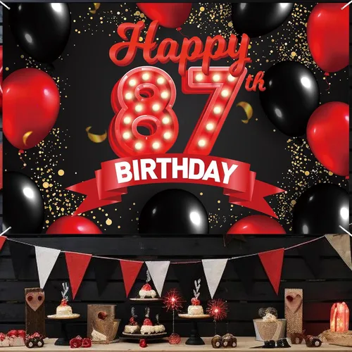 Miniatura 6 de Cartel de feliz cumpleaños 87 años, fondo rojo y negro, decoraciones de banner, globos, tema para niñas, mujeres, princesas, fiesta de cumpleaños