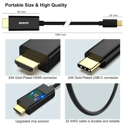 Miniatura 7 de BENFEI Cable USB C a HDMI de 3 pies, cable USB tipo C a HDMI, Thunderbolt 3/4 compatible con iPhone 15 Pro/Max, MacBook Pro/Air 2023, iPad Pro