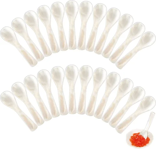 Miniatura 9 de Cucharas de caviar con mango redondo de madreperla, hechas a mano, para caviar, huevo, helado, sal, café, juego de 12 piezas para restaurante