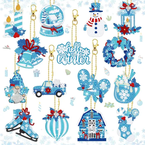 BBTO 15 piezas de llavero de pintura de diamante de Navidad adornos de arte de diamantes de invierno muñeco de nieve, guantes de invierno,