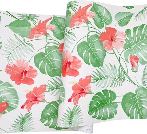 Revestimiento de estante Red Canna autoadhesivo para aparador, cajón de papel, flores de renovación de muebles, 118 x 17.7 pulgadas