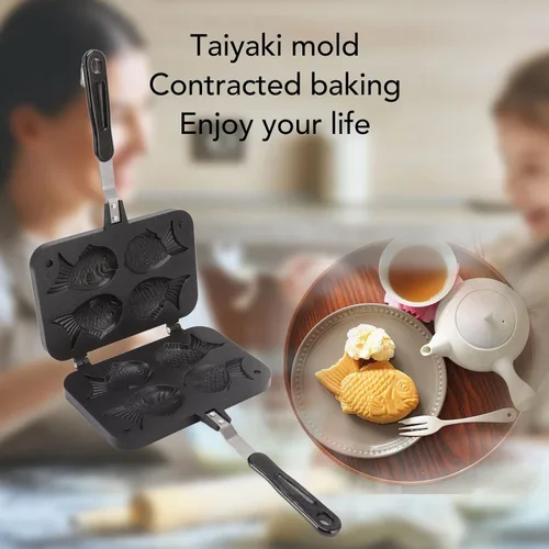 Miniatura 5 de Taiyaki - Máquina para hacer gofres con forma de pescado antiadherente para hornear doble con mango antiquemaduras, máquina japonesa de fabricación