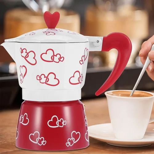 Miniatura 4 de HERCHR Red Heart - Olla moka de aluminio, cafetera para estufa con cafetera italiana ergonómica para camping, moka espresso (S)