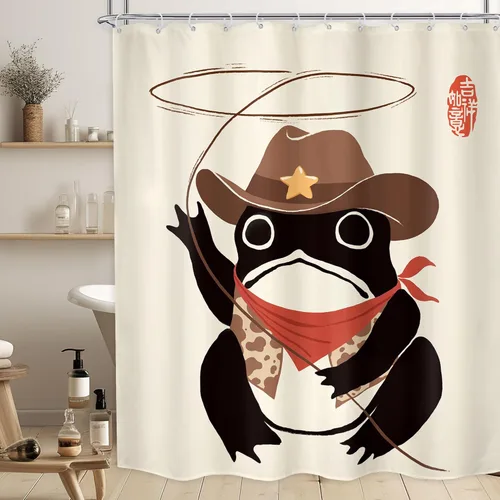 Miniatura 26 de Juego Divertido de Cortina de Rana Retro para Ducha, Juego de Baño 48x71 Pulgadas, Estilo Asiático Lindo, Arte Japonés Tradicional de Pato de Goma