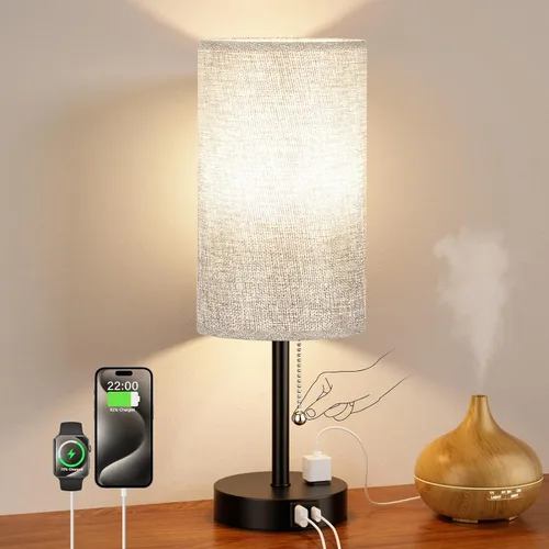 Miniatura 9 de Juego de 2 lámparas de noche grises para dormitorio, lámpara de mesa de noche con puerto de carga USB A + C, 3 temperaturas de color, cadena