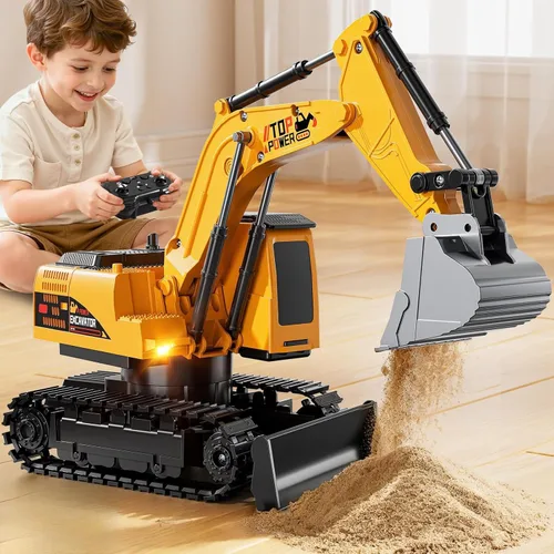 Excavadora de juguete a control remoto para niños de 6 a 12 años, 11CH 2.4 GHz, excavadora de arena RC con pala de metal, luces/sonidos, juguetes de