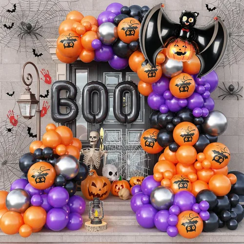 Miniatura 20 de Kit de arco de guirnalda de globos de Halloween, 116 piezas de arco de globos naranja y negro blanco, globos de papel de aluminio con estrella