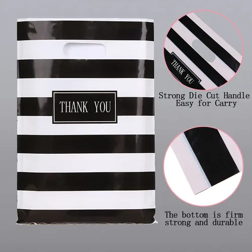 Miniatura 5 de 100 bolsas grandes de plástico troqueladas con asa de 16 x 18 pulgadas, diseño de rayas blancas y negras, para compras, boutiques, fiestas, 100
