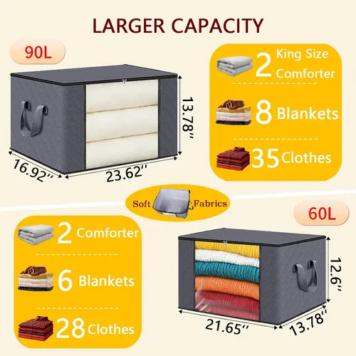 Miniatura 3 de Bolsas de almacenamiento grises de 90 L con tapas, cremallera y ventana transparente, paquete de 3 organizadores plegables grandes de armario