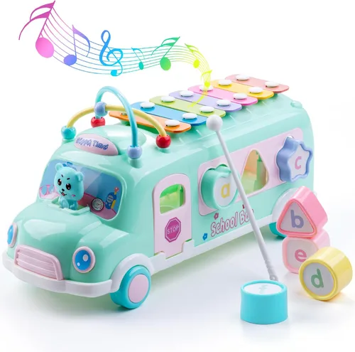 Juguete de Xilofón de Autobús Escolar para Bebés para Niños Pequeños de 1 a 3 años, Juguetes Musicales Montessori de Autobús de 5 en 1, Regalos para