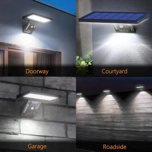 Miniatura 6 de Lámpara de pared solar para exteriores, 1050 lm IP65 impermeable tipo 2, lente óptica 104 LED, 3 modos de iluminación, luz de pared con sensor