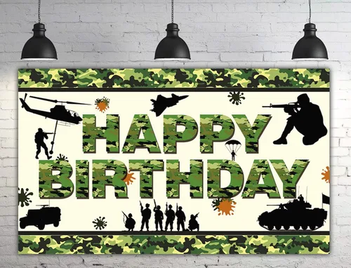 Miniatura 4 de Cartel de feliz cumpleaños de camuflaje de 6 x 3.6 pies, telón de fondo de cumpleaños de camuflaje militar, decoraciones de fiesta temática de Perro