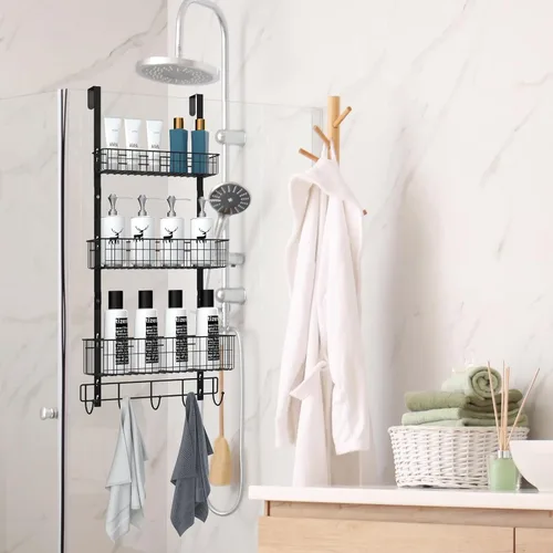 Miniatura 3 de CADUKE Organizador Negro Sobre la Puerta Organizador Sobre la Puerta Ganchos con Cesta de Almacenamiento Toalleros para Puerta de Baño Estante