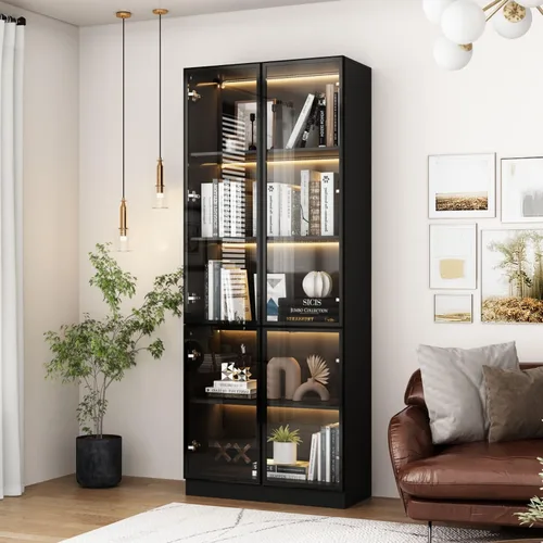 Miniatura 8 de Vitrina con luces, gabinete de vidrio con puertas y estantes de 4 niveles, vitrina para coleccionable, sala de estar, oficina, negro 31.5 pulgadas