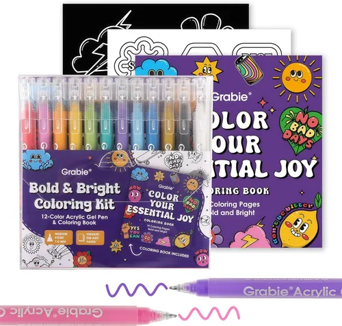 Grabie Bolígrafos de gel acrílico de 12 colores y libro para colorear, bolígrafos de gel de colores de punta media, bolígrafo de tinta de gel
