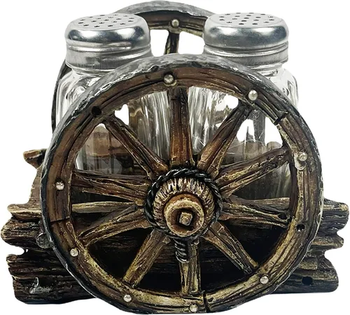 Miniatura 9 de Urbalabs Western Saddle Wagon Wheel Spur and Belt Country Star Cowboy Roper Star - Salero y pimentero con hebilla de estrella, carrito para mesa